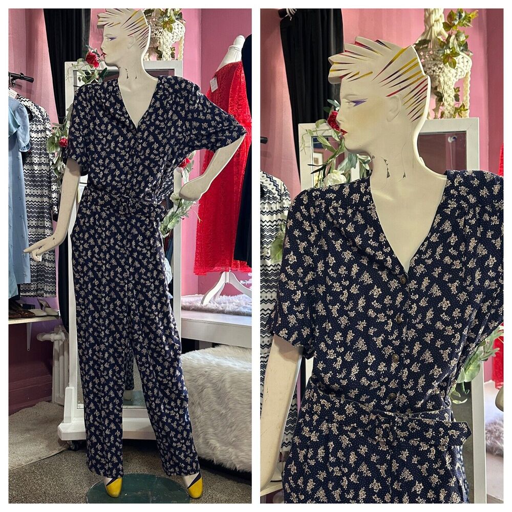 Vintage 80s 90s Wide Leg Jumpsuit Floral Print Blue Boho Grunge Oversized S